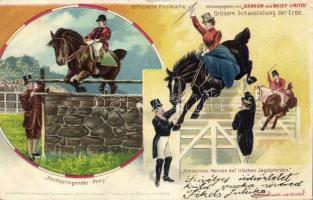 1901 Barnum and Baileay Grösste Schaustellung der Erde, Hochspringender Pony, Hinderniss-Rennen auf irischen Jagdpferden / Horse circus advertisement litho art postcard (Rb)