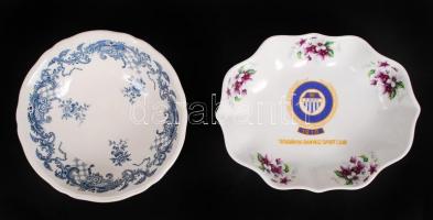 2 db porcelán tálka-Villeroy &amp; Boch jelzéssel, hibátlan, mintás porcelán tálka, d: 15 cm; hollóházi porcelán, hibátlan, jelzett, virágmintás tálka Tatabányai Bányász Sport Club címerrel, 17x14 cm