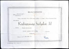 1947. "Közbiztonsági Szolgálati Jel" bronz fokozatának adományozói okirata Rajk László aláírásával T:III