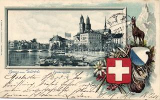 Zürich, Sonnenquai / quay, coat of arms Emb. litho