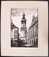 Réti Mátyás (1922-2002): Sopron. Linó, papír, jelzett, kartonra kasírozva, 26x36 cm