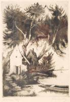 Remsey Jenő (1885-1980): Dunai táj. Papír, rézkarc, jelzett, üvegezett keretben, 47x38 cm