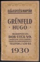1930 Bp. VII. Grünfeld Hugó előjegyzési naptár árjegyzékkel (alkoholos és alkoholmentes italok jegyzéke)