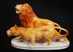 Német, oroszlán pár, kézzel festett, jelzett, hibátlan, m:13 cm, h:19 cm