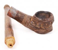 Távol-keleti ópium pipa, faragott fa-fém, h:21 cm