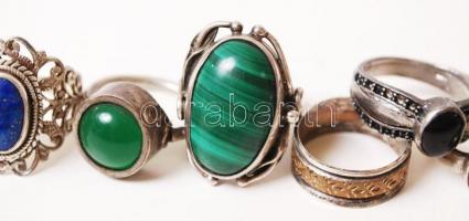 Kilenc darab ezüst (Ag.) gyűrű klf. szintetikus kövekkel, jelzettek, összesen: 47 g