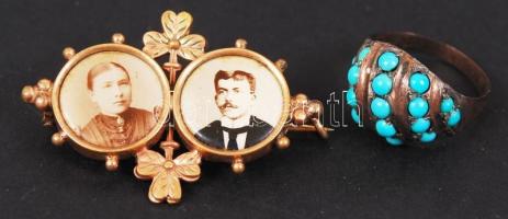 Antik réz gyűrő szintetikus kövekkel és bross két miniatűr fotóval