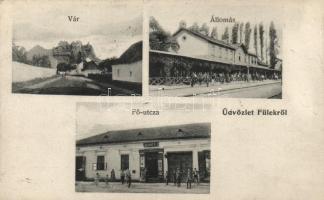 Fülek, vár, vasútállomás, Fő utca, Kramer J. üzlete, Kramer J. kiadása / castle, railway station, main street, shop of Kramer J. (EK)