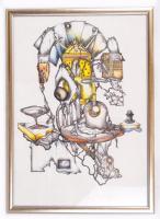 Olvashatatlan jelzéssel: Üzenet. Színes ceruza, papír, üvegezett keretben, 55×38 cm