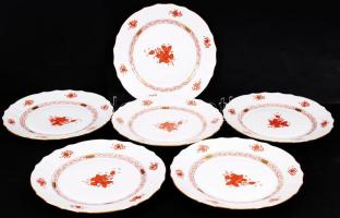 Herendi narancssárga Apponyi mintás lapostányér szett, kézzel festett, hibátlan, jelzett, d:25,5 cm