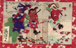 Geishas, Japanese folklore, handmade textile card, floral