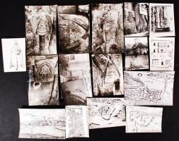 cca 1957-1965 Dr. Kozák Károly régész: A győri püspökvár régészeti feltárása, 9 db eredeti fotó és 8 db repró régi metszetekről, 9x12 és 13x18 cm méret közötti képek