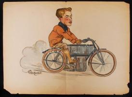1923 Szép Lajos (1886-?): Motorkerékpáros. Akvarell, papír, jelzett, 42x31 cm