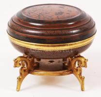 Christofle & Cie ékszeres dobozka, zománcozott réz, réz lábakon, kopott, jelzett, d:8,5 cm, m:6 ...