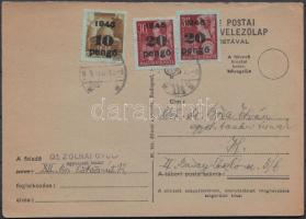 1945 (5. díjszabás) Helyi (Budapest) levelezőlap 2x Kisegítő 20P/30f + 10P/80f bérmentesítéssel