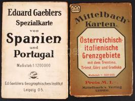 2 db német nyelvű térkép / 2 maps (Spain and Portugal)-Österreichisch-italienische Grenzgebiete mit dem Trentino, Triest, Görz und Gradiska (Osztrák-olasz határterület-Tirol, Trieszt, Görz, Gradiska), 102x74 cm; Eduard Gaeblers Spezialkarte von Spanien und portugal(Eduard Gaeblers-féle térkép Spanyolországról és Portugáliáról), 96x72 cm