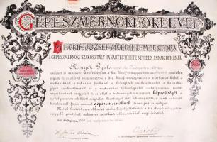 1906 Bp., Magyar Királyi József-Műegyetem által kiadott gépészmérnöki diploma