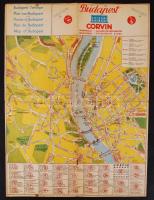 cca 1920-1930 2 db reklámnyomtatvány Magyarország legújabb vasúti, Budapest belváros és a Corvin áruházban forgalmazott termékek beszerzési térképével, 41x31 és 61x47 cm