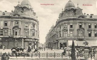 Kolozsvár Szentegyház utca, Frank Kiss János fiai, Haraszthy Jenő üzletei, Gresham biztosító; Schuster Emil kiadása / shops, insurance (EK)