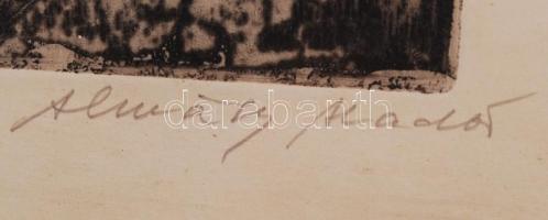 Almássy Aladár (1946-): Lokomotív. Rézkarc, papír, jelzett, üvegezett keretben, 38×50 cm