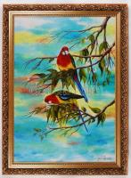 Gaál Zsuzsa: Papagájok. Olaj, farost, jelzett újszerű keretben 70×50 cm