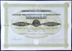 1926. "Alföldi Takarékpénztár Debrecenben" részvény 100P-ről szelvényekkel T:III