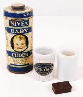 2 db gyógyszerészeti tégely, gyógyszeres dobozka, Nivea Baby hintőporos doboz