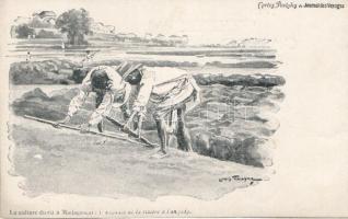 Madagascar folklore, work with rise, artist signed