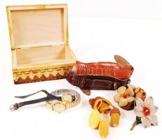 Vegyes tétel: kis színes fadobozkában női órák, óraszíjak és egyéb apróságok