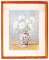 Barabás Gizella (1893-1985): Virágcsendélet. Akvarell, papír, jelzett, üvegezett keretben, 40×28 cm