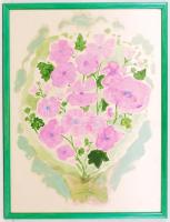 Tóth Erika: Rózsaszín virágok. Vegyes technika, selyem-karton, hátul jelzett, újszerű keretben, 52×65 cm