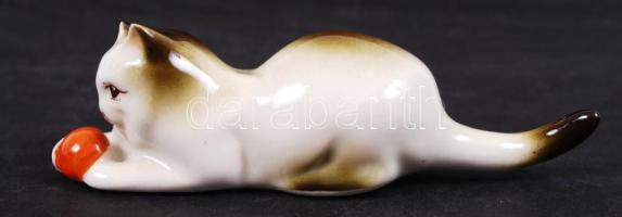 Zsolnay gombolyagos cica, kézzel festett, jelzett, hibátlan/ Zsolnay chinaware figure 11 cm