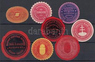 8 db levélzáró (Turkevei Takarékpénztár, Magyar Czukoripar Részvénytársaság, Bp. Önkéntes Mentő Egyesület, Magyar Vegyipari Gépgyár, Tiszavölgyi Társulat Központi Bizottsága, Losonczi Mezőgazdasági Gépgyár, Pester Walzmühl Gesellschaft)