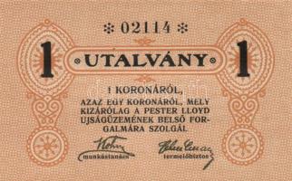 ~1920. "Pester Lloyd" utalvány 1K bélyegző nélkül (2x) T:I Adamo BUC-212.1.1