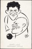 Szepes Béla: 4 db karikatúra közismert személyekről, jelzett, 22x13 cm, valamint az általa írt újság...