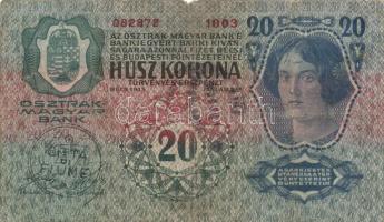 1917. 2K + 1915. 10K + 1913. 20K mindegyik fiumei felülbélyegzéssel + 1916. 1K zöld "Deutschöst...