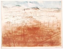Ősz Dénes (1915-1980): Kilátás. Színezett rézkarc, papír, jelzett, paszpartuban, 24×28 cm