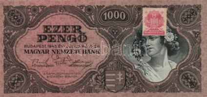 1945. 1000P (3x), közte kettő vörös színű bélyeggel, egyik lemezhibás T:I Adamo P22,22e