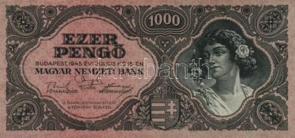 1945. 1000P (3x), közte kettő vörös színű bélyeggel, egyik lemezhibás T:I
Adamo P22,22e