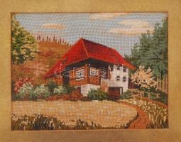 cca 1930 Nyaraló: Gobelin régi üvegezett keretben, 30x26 cm