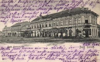 Nagykároly, Deák Ferenc tér, Janitzky Albert, Kovács György, Rubletzky Ignác, Plicser Károly és Klein József üzletei, Temetkezés, Csókás László kiadása / square, shops, funeral services