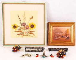 Vegyes bolha tétel: 2 db fekete mágneses karkötő, ékszerek (bizsu fülbevaló-2 pár, szkarabeusz bogaras gyűrű, esernyős hölgy-kitűző), 2 kép (szárított virágok-21x21 cm, kikötő-13x11 cm)