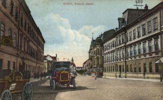 Kassa Fő utca, automobil, villamos; Radó Béláné kiadása / Main street, automobile, tram (fl)