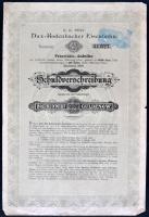 Csehország/Teplitz 1891. "Dux-Bodenbachi Vasút" 4%-os elsőbbségi kötvénye 300G értékben + szelvények T:III Bohemia /Teplitz 1891. "Railway of Dux-Bodenbach" 4°% priority bond about 300 Gulden + coupons C:F