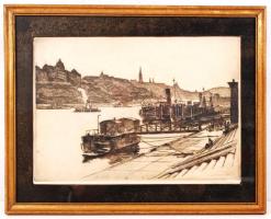 Zádor István (1882-1963): Pesti kikötő a háttérben Budával. Rézkarc, jelzett, üvegezett keretben, 34x24 cm