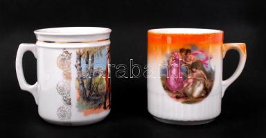 2 db porcelán bögre (egyik Zsolnay, jelzett), m: 9 cm