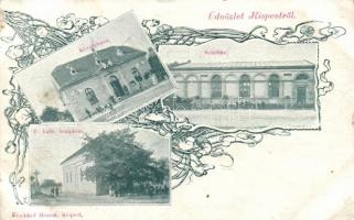 Budapest XIX. Kispest, színház, községháza, templom; floral, kiadja Fischhof Henrik könyvnyomdája (szakadások / tears)