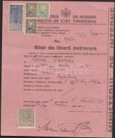 1921 Román nyelvű ideiglenes határátlépő engedély illetékbélyegekkel