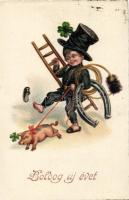 New Year, chimney sweeper, pig, litho (small tear)