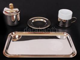 Fém kávés szett: kávéscsésze tállal, cukortartó, tálca (12x21 cm)